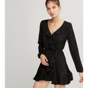 Express Faux Wrap Ruffled Women's Medium Mini Dress Black Sexy Flowy Silky